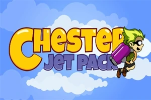 Text colorat Chester Jet Pack pe un fundal albastru cu nori, având un personaj desen animat cu păr verde și rucsac violet