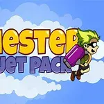 Text colorat Chester Jet Pack pe un fundal albastru cu nori, având un personaj desen animat cu păr verde și rucsac violet