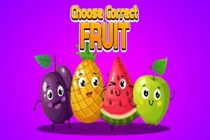 Fructe animate pe fundal violet cu textul „Choose Correct Fruit”