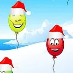 Baloane colorate cu fețe zâmbitoare și căciuli de Moș Crăciun zboară deasupra unui peisaj de iarnă cu zăpadă și iglu