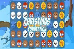 Fond albastru de iarnă cu elemente grafice de sărbători, inclusiv fețe de animale, fursecuri de turtă dulce și textul „Christmas Connection” în centru