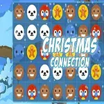 Fond albastru de iarnă cu elemente grafice de sărbători, inclusiv fețe de animale, fursecuri de turtă dulce și textul „Christmas Connection” în centru