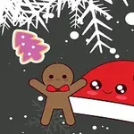 Om de turtă dulce zâmbitor, cu papion roșu, lângă o căciulă de Moș Crăciun cu față drăguță, pe fundal de fulgi de zăpadă și pomi de Crăciun stilizați