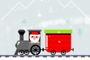 Un tren de jucărie în care se află un personaj îmbrăcat ca Moș Crăciun, pe un fundal cu munți și copaci stilizați