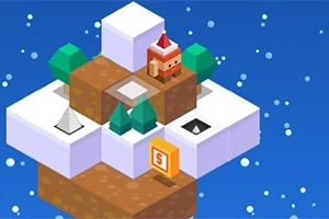 Personaj pixelat cu șapcă roșie pe un teren cubic cu zăpadă și brazi, pe un fundal albastru cu fulgi de zăpadă