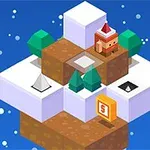 Personaj pixelat cu șapcă roșie pe un teren cubic cu zăpadă și brazi, pe un fundal albastru cu fulgi de zăpadă