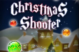 Text stilizat Christmas Shooter pe un fundal de iarnă cu case acoperite de zăpadă și globuri colorate