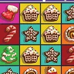 Reprezentare colorată a unor dulciuri festive de Crăciun, inclusiv turtă dulce, cizme de Moș Crăciun și bomboane sugi