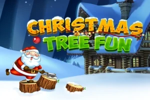 Moș Crăciun taie lemne în fața unei case acoperite de zăpadă, sub un titlu colorat care scrie Christmas Tree Fun
