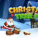 Moș Crăciun taie lemne în fața unei case acoperite de zăpadă, sub un titlu colorat care scrie Christmas Tree Fun