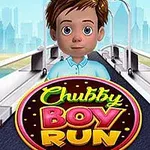 Băiat cu păr brun și cămașă albastră pe un pod, cu un text colorat Chubby Boy Run în prim-plan