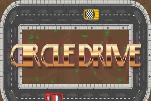 Drum în formă de oval cu mașini roșii și galbene și textul CIRCLE DRIVE suprapus
