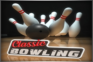 Minge de bowling lovind popice albe cu benzi roșii, cu textul Classic Bowling în partea de jos