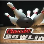 Minge de bowling lovind popice albe cu benzi roșii, cu textul Classic Bowling în partea de jos