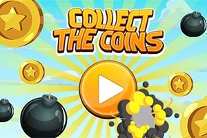 Monede aurii, bombe negre, și un buton de play portocaliu pe un fundal albastru cu raze galbene, însoțite de textul Collect the Coins