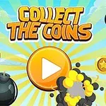 Monede aurii, bombe negre, și un buton de play portocaliu pe un fundal albastru cu raze galbene, însoțite de textul Collect the Coins