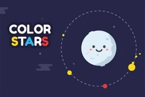 Ilustrație cu o față de planetă drăguță și veselă, înconjurată de planete colorate pe un fundal albastru închis