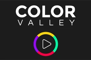 Textul „Color Valley” pe un fundal negru, cu un cerc colorat și un simbol de redare în mijloc