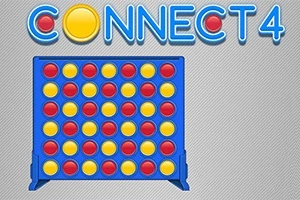 Titlul Connect 4 deasupra unei grile albastre cu discuri galbene și roșii