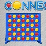 Titlul Connect 4 deasupra unei grile albastre cu discuri galbene și roșii