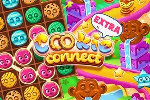 Imaginea prezintă o grafică colorată cu prăjituri, monede și maimuțe zâmbitoare, având textul Extra și Cookie Connect