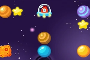 Fundal spațial cu stele, planete colorate și o navă mică cu un ochi în interior