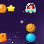 Fundal spațial cu stele, planete colorate și o navă mică cu un ochi în interior