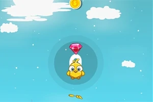 Un pui galben animat zboară spre un diamant roz pe un fundal de cer albastru cu nori albi și monede aurii