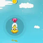 Un pui galben animat zboară spre un diamant roz pe un fundal de cer albastru cu nori albi și monede aurii