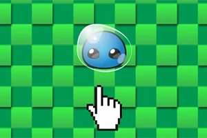 Un blob albastru cu față drăguță într-o bulă pe un fundal de pătrate verzi, indicat de un cursor de mână alb