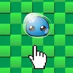 Un blob albastru cu față drăguță într-o bulă pe un fundal de pătrate verzi, indicat de un cursor de mână alb