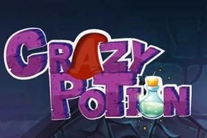 Textul Crazy Potion în culori vibrante cu o pălărie roșie și o poțiune verde aprins pe un fundal întunecat