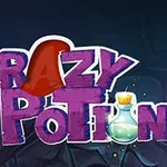 Textul Crazy Potion în culori vibrante cu o pălărie roșie și o poțiune verde aprins pe un fundal întunecat