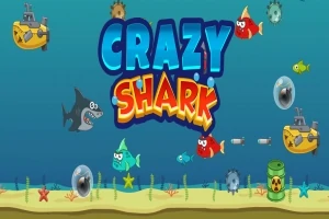 Imaginea arată un rechin și pești colorați, plus obstacole subacvatice într-un decor marin animat cu submarin galben și titlul CRAZY SHARK în centrul superior