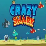Imaginea arată un rechin și pești colorați, plus obstacole subacvatice într-un decor marin animat cu submarin galben și titlul CRAZY SHARK în centrul superior