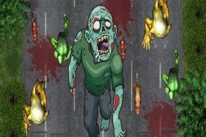 Un zombie se deplasează pe un drum, înconjurat de pete de sânge și broaște verzi și galbene, cu vegetație pe margini