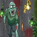 Un zombie se deplasează pe un drum, înconjurat de pete de sânge și broaște verzi și galbene, cu vegetație pe margini