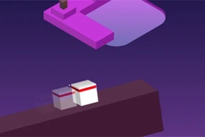 Cuburi albe cu margini roșii așezate pe o platformă înclinată, având un fundal gradient albastru-violet