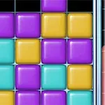 Blocuri colorate pătrate în galben, mov și turcoaz sunt aranjate într-un grid vertical, cu un indicator pe lateral