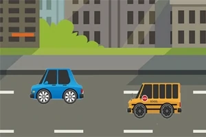 Mașini animate albastră și galbenă pe un drum cu benzi, cu clădiri și copaci în fundal