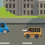 Mașini animate albastră și galbenă pe un drum cu benzi, cu clădiri și copaci în fundal