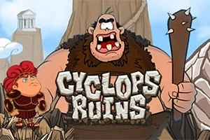 Un ciclop mare și un luptător mic stau unul lângă altul în fața unor ruine antice, cu textul Cyclops Ruins în centru