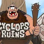 Un ciclop mare și un luptător mic stau unul lângă altul în fața unor ruine antice, cu textul Cyclops Ruins în centru