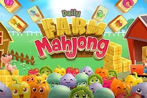 Legume și fructe animate într-un peisaj de fermă cu un hambar și baloți de fân, înconjurate de piese de mahjong