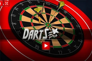 Trei săgeți galbene înfipte într-o țintă de darts cu design concentric, însoțite de textul Darts Pro