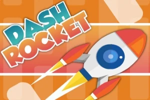 Rachetă stilizată colorată pe un fundal portocaliu cu numele DASH ROCKET în text mare