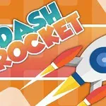 Rachetă stilizată colorată pe un fundal portocaliu cu numele DASH ROCKET în text mare