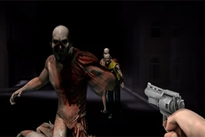 Un personaj cu aspect de zombi atacă într-un mediu întunecat, în timp ce o mână ține un pistol în prim-plan