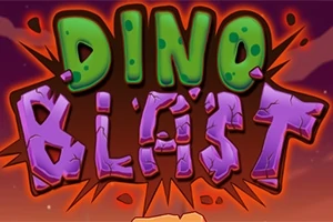 Textul Dino Blast colorat în verde și violet pe un fundal maro cu efect de explozie