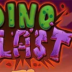 Textul Dino Blast colorat în verde și violet pe un fundal maro cu efect de explozie